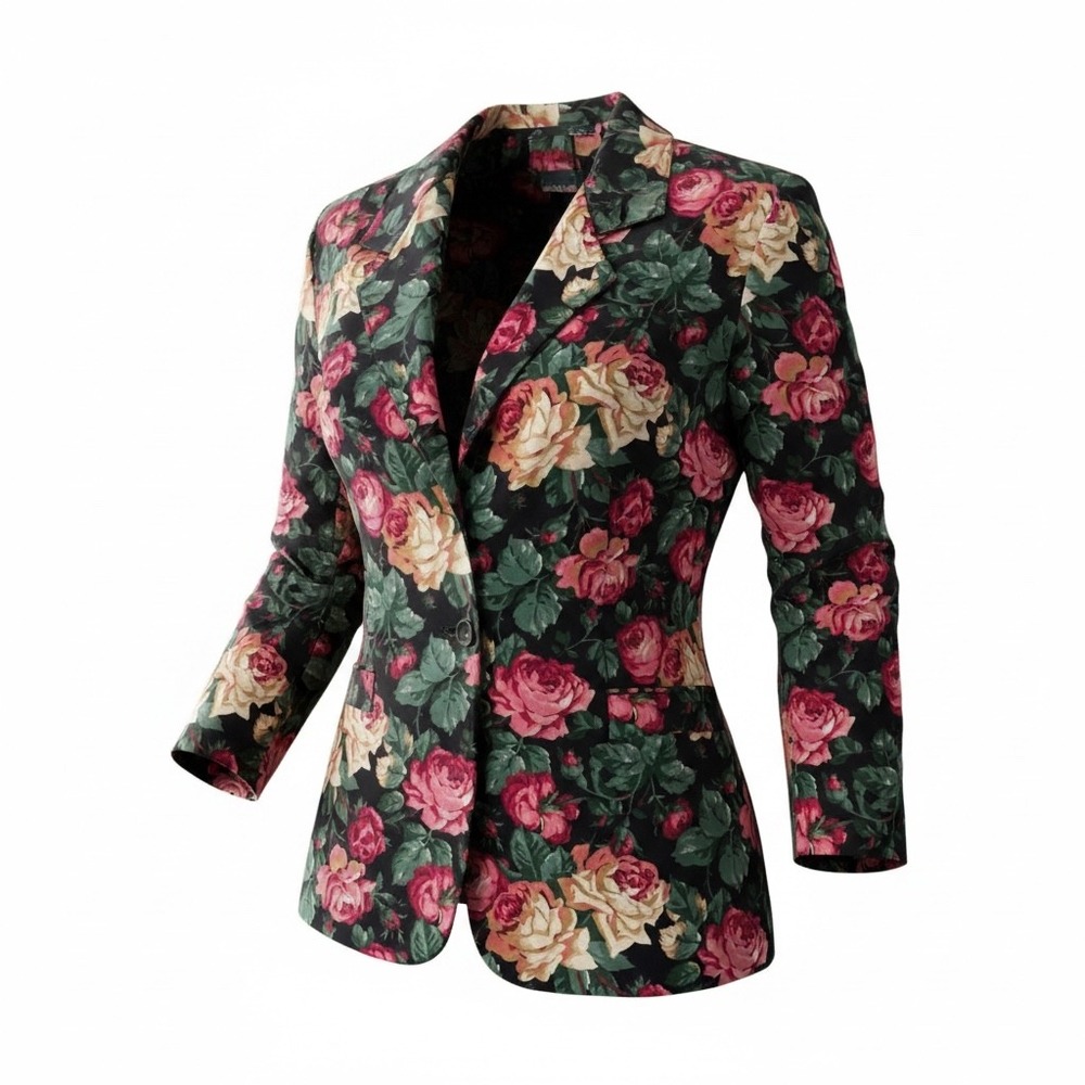 Vintage Hunters Run Floral Blazer Jacket Unlined Womens Large Rayon Roses USA